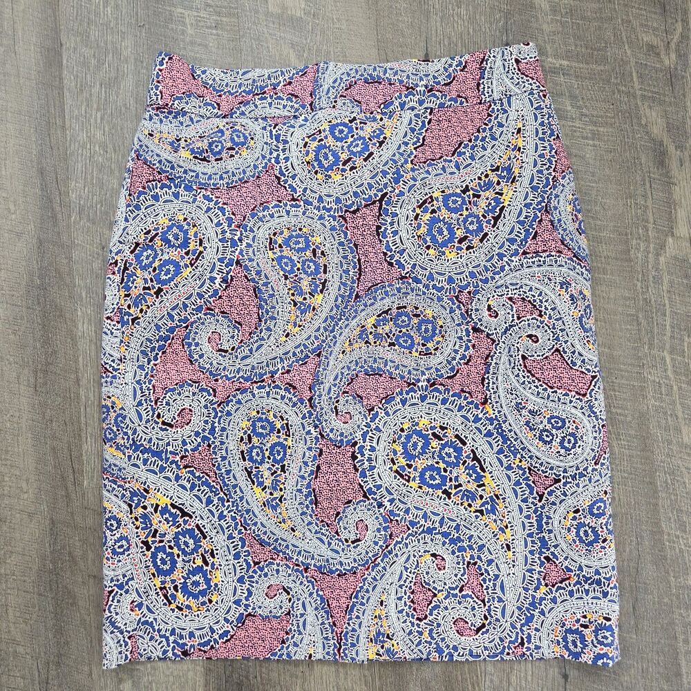 J.Crew No. 2 Women's Pencil Skirt Size 8 Royal Paisley Blue Pink Yellow Lined